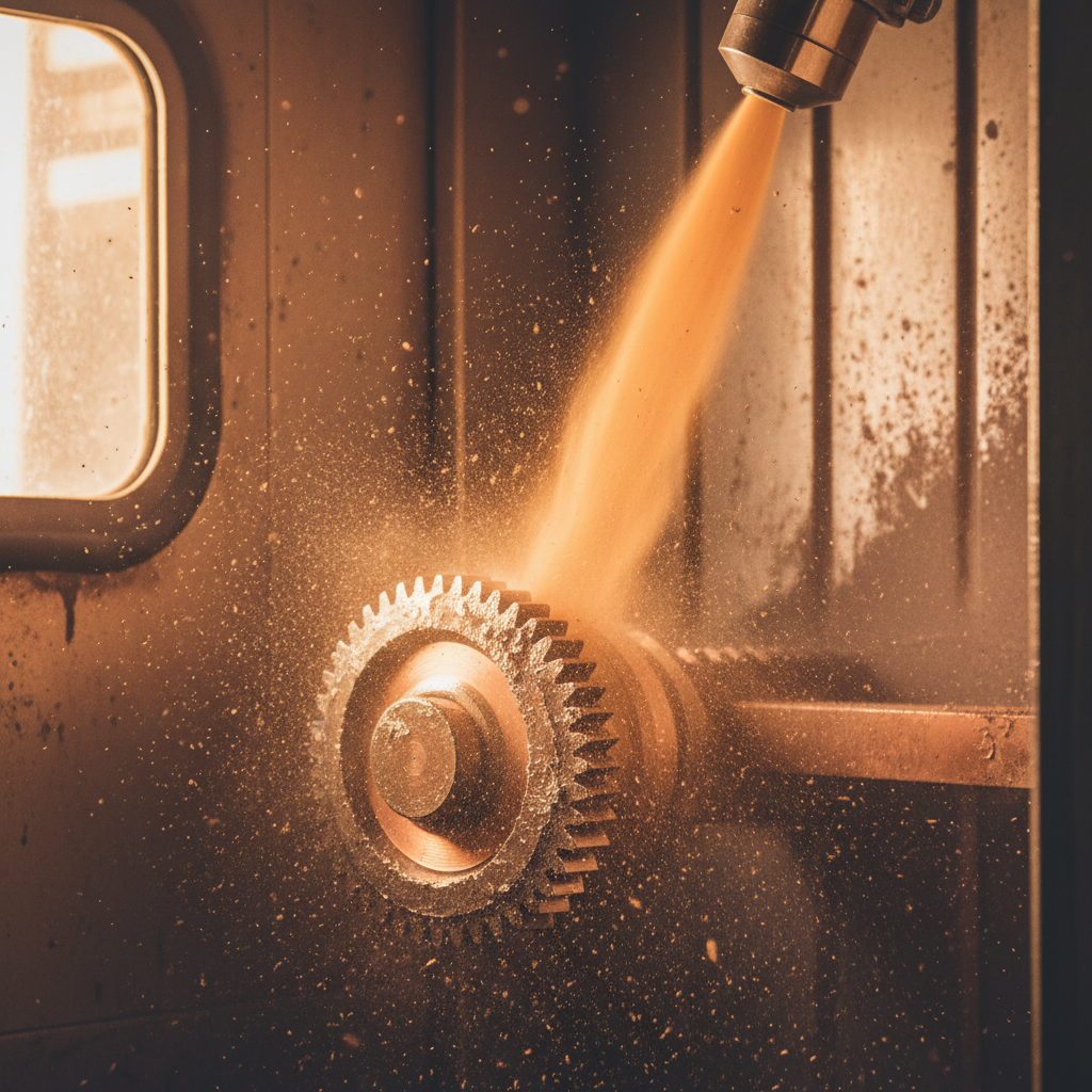 Walnut shell blasting media being used in an industrial blast cabinet to strip a coated part