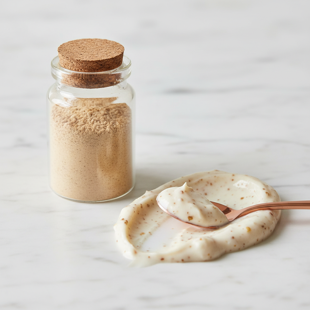 Fine walnut shell powder used as a natural exfoliant in cosmetic skincare formulations