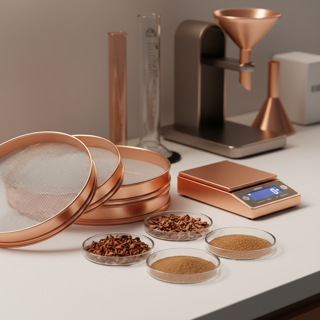 Lab technician testing walnut shell media samples for particle size and moisture content