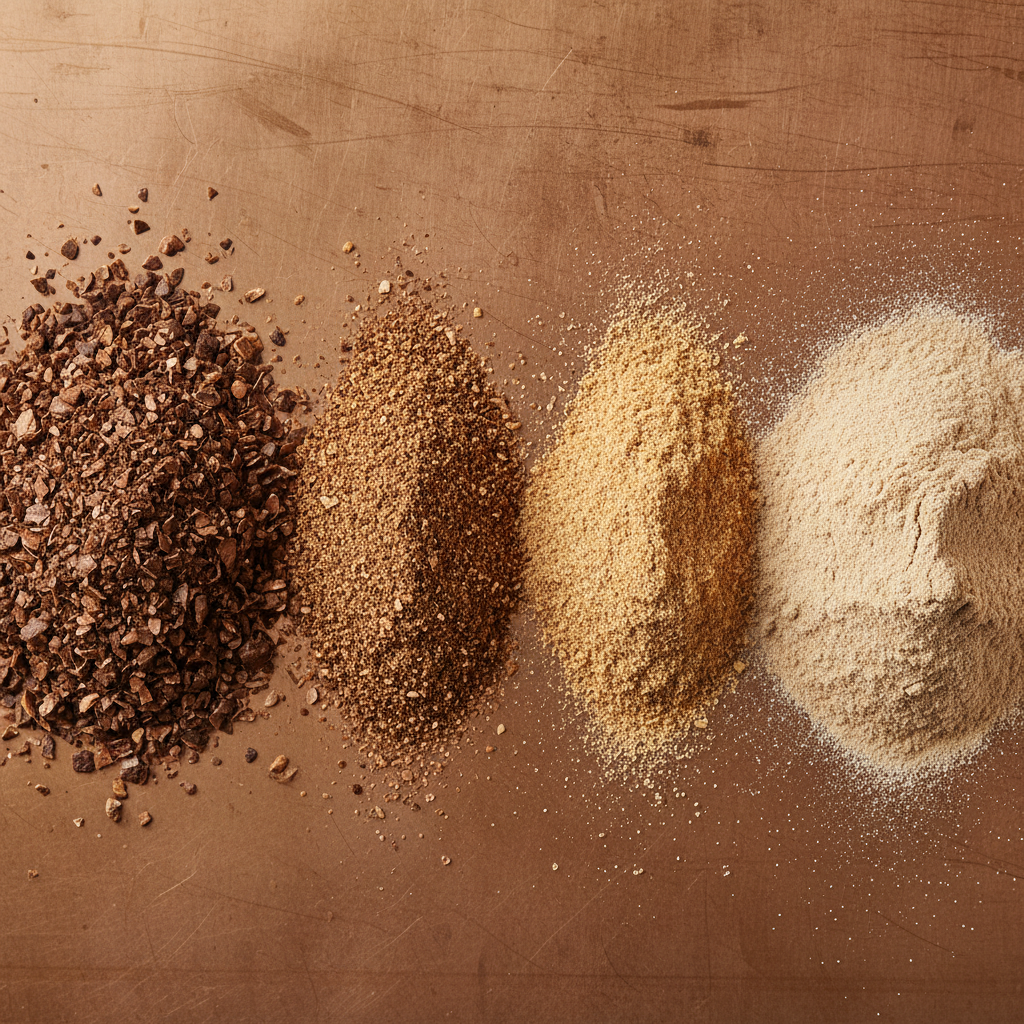 Graded walnut shell media in varying particle sizes, from coarse blasting grit to fine cosmetic powder