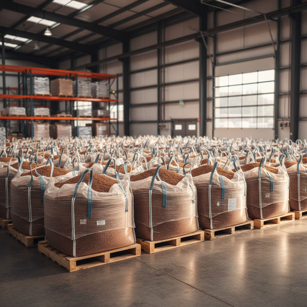 Bulk bags of walnut shell media staged for shipment at a processing and distribution yard